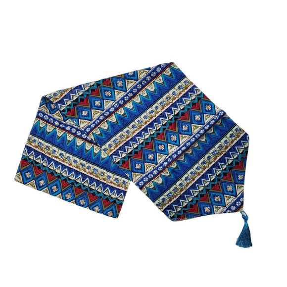 Table Runner Aztec Nordic Navajo Blue Red Lightweight Weave Tassel 70 x 12 New - Picture 3 of 6